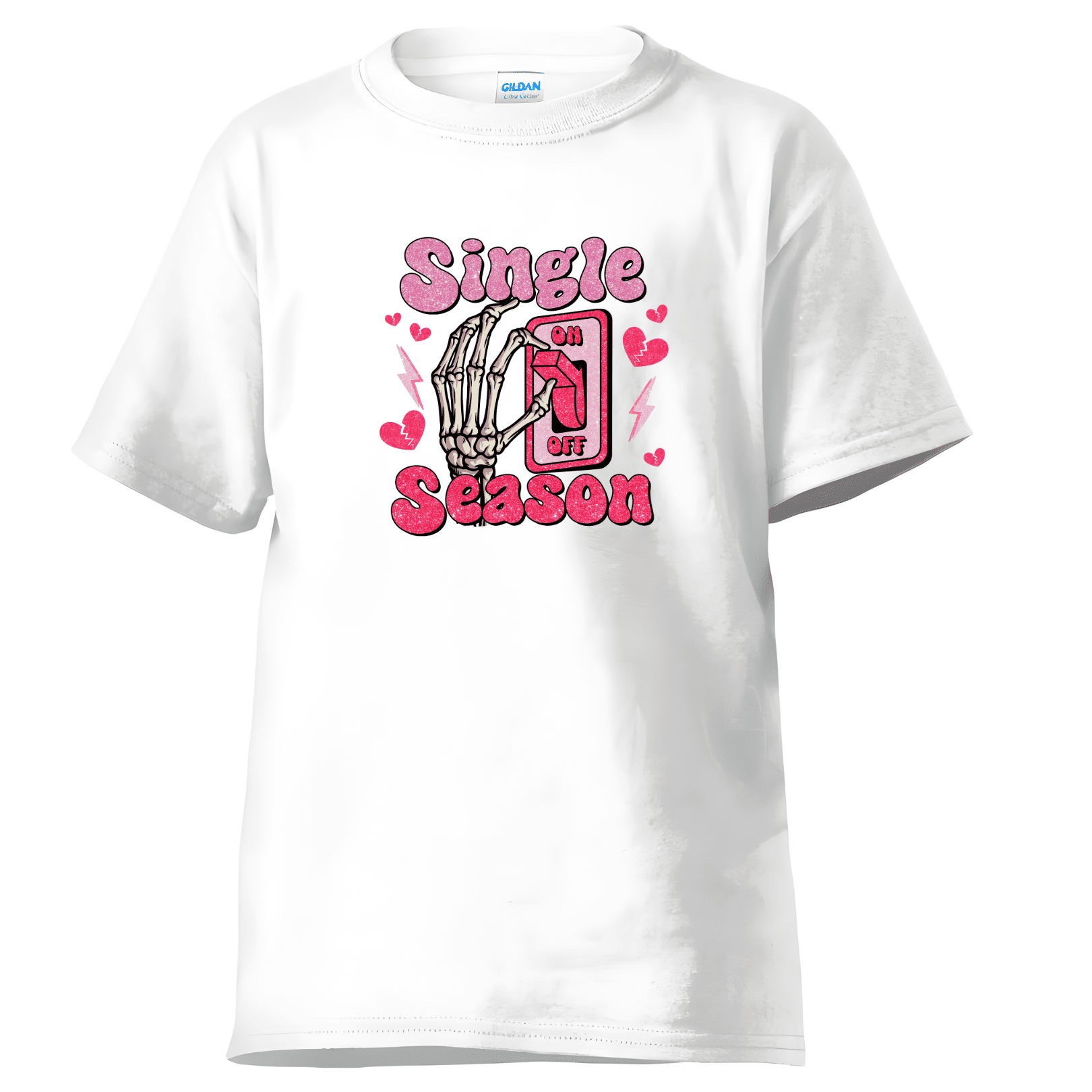White t-shirt showing cute skeleton hand toggle switch and bold Single Season slogan