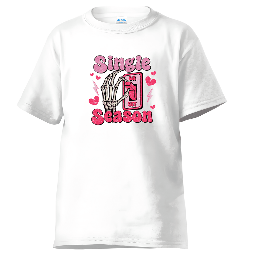 White t-shirt showing cute skeleton hand toggle switch and bold Single Season slogan