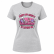 Heather grey women’s sarcastic graphic tee with skeleton lounging on pink couch and anxiety humor typography design