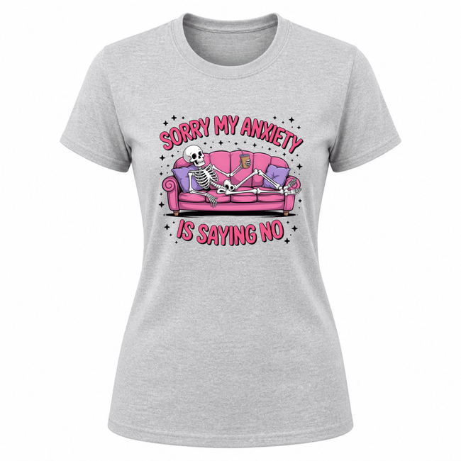 Heather grey women’s sarcastic graphic tee with skeleton lounging on pink couch and anxiety humor typography design