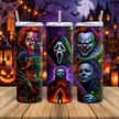 20oz spooky season skinny tumbler featuring masked horror inspired characters, purple spiderwebs and vivid Halloween colours.