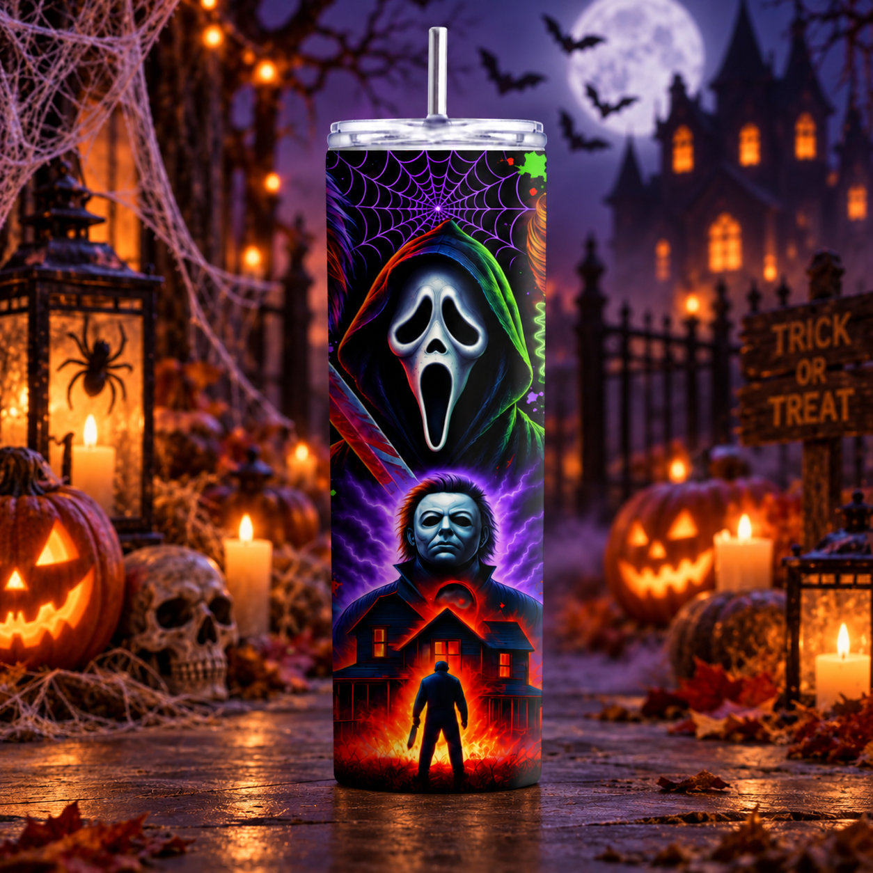 Set of colourful horror inspired Halloween tumblers displayed against a haunted house background with pumpkins and spooky decorations.