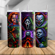 Three spooky horror 20oz skinny tumblers featuring colourful Halloween slasher inspired characters with clear lids and straws.