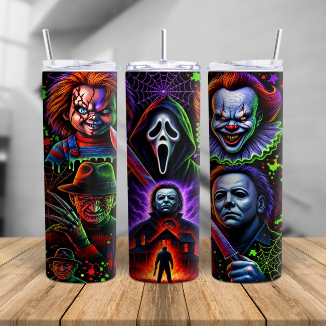 Three spooky horror 20oz skinny tumblers featuring colourful Halloween slasher inspired characters with clear lids and straws.