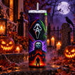 Halloween horror tumbler displayed in a spooky graveyard scene with pumpkins, candles, spiderwebs and colourful scary artwork.