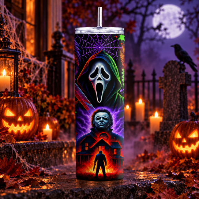 Halloween horror tumbler displayed in a spooky graveyard scene with pumpkins, candles, spiderwebs and colourful scary artwork.