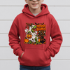 Red kids Halloween pullover hoodie with Spooky Saurus Rex dinosaur graphic, jack o lanterns, ghosts and festive trick or treat details.