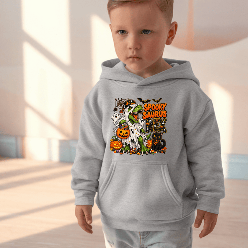 Grey youth dinosaur Halloween hoodie featuring a T Rex in a ghost costume surrounded by pumpkins, candy, bats and a black cat.