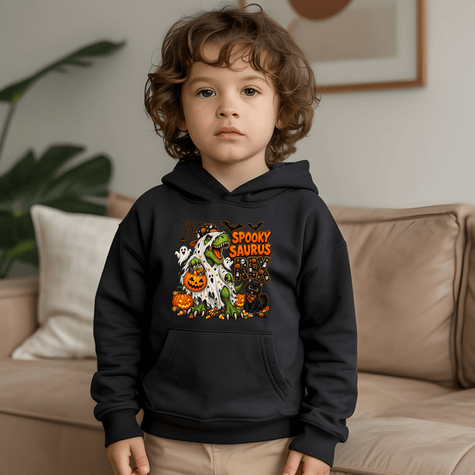 Black youth Halloween dinosaur hoodie featuring a spooky T Rex, orange pumpkins, white ghosts, bats, candy corn and black cat.