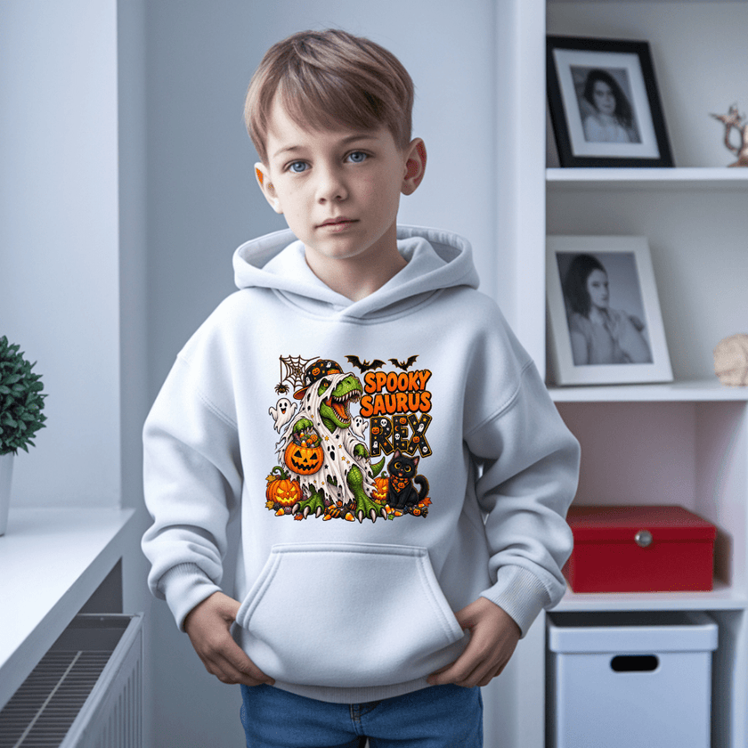 White kids Spooky Saurus Rex Halloween hoodie with bright T Rex graphic, jack o lanterns, ghosts and colourful spooky season artwork.
