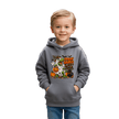 Charcoal grey boys Halloween hoodie with colourful Spooky Saurus Rex dinosaur artwork and playful pumpkin and ghost decorations.
