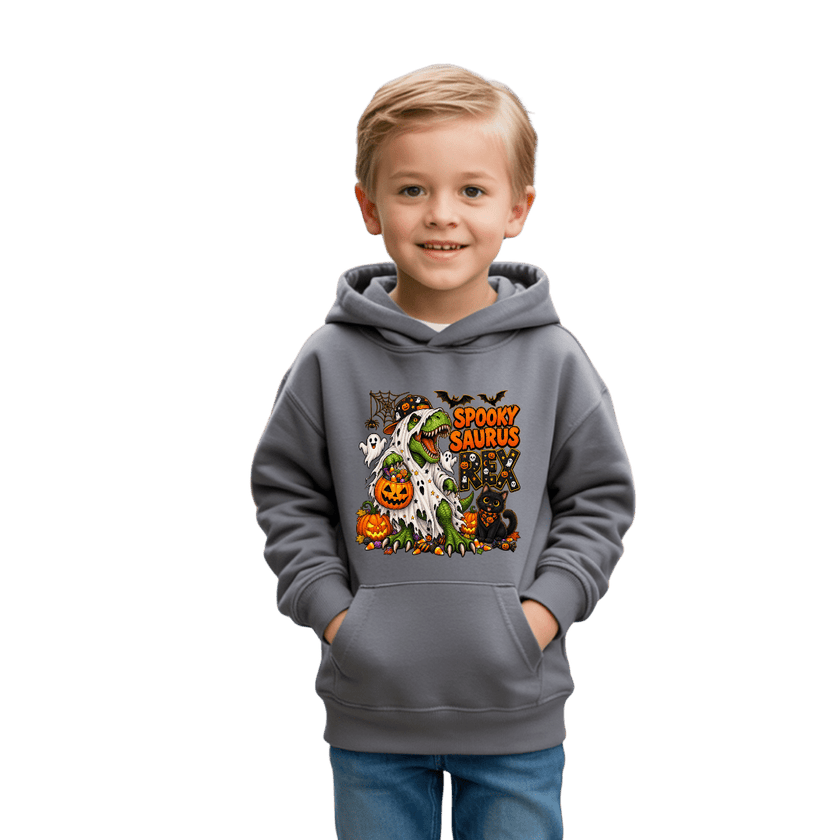 Charcoal grey boys Halloween hoodie with colourful Spooky Saurus Rex dinosaur artwork and playful pumpkin and ghost decorations.