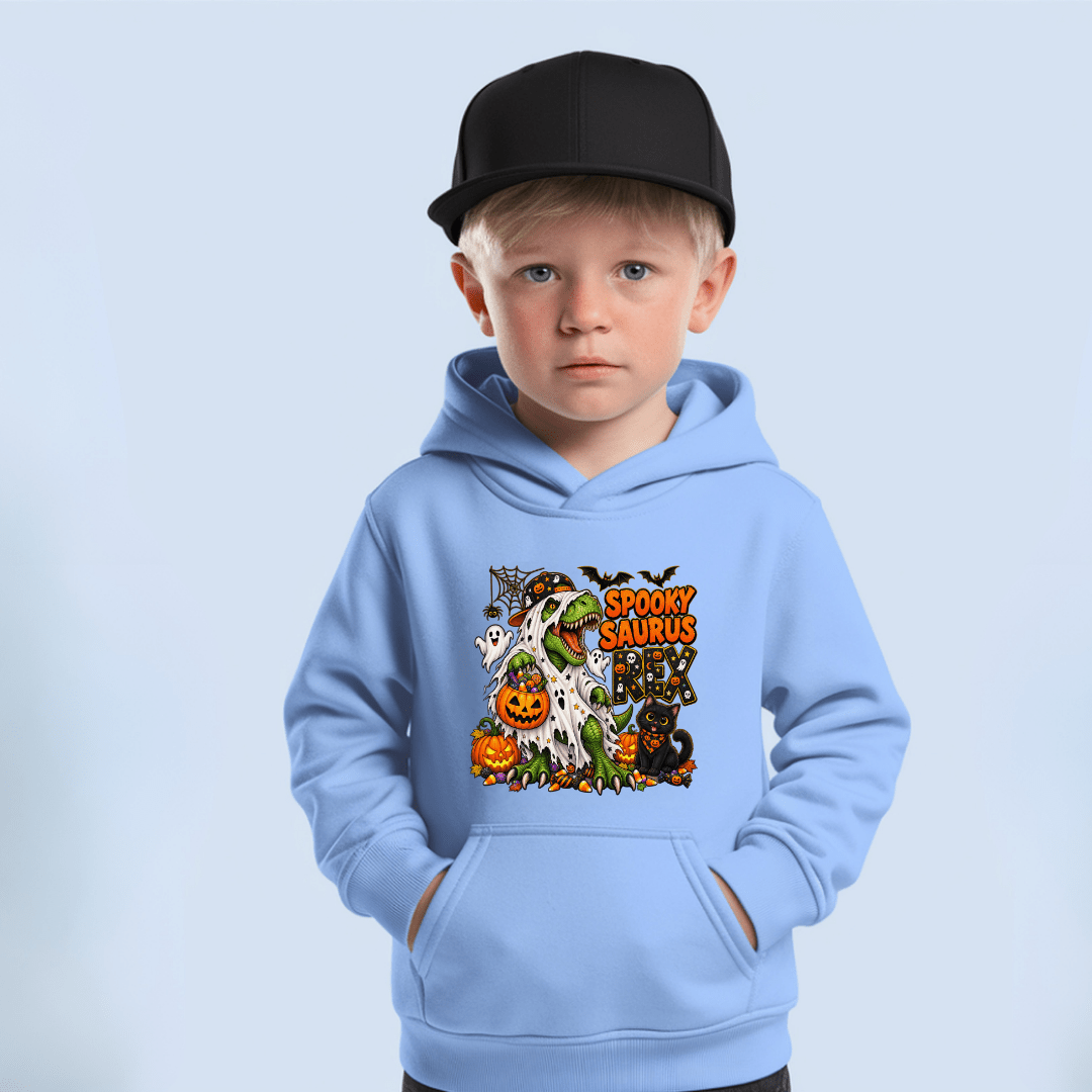 Light blue youth Halloween hoodie featuring a colourful Spooky Saurus Rex T Rex with pumpkins, ghosts, bats, candy and black cat.