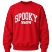 Red Spooky Season Halloween crewneck sweatshirt with bold white varsity style graphic for men and women