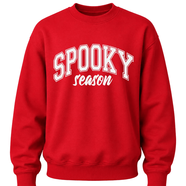 Red Spooky Season Halloween crewneck sweatshirt with bold white varsity style graphic for men and women