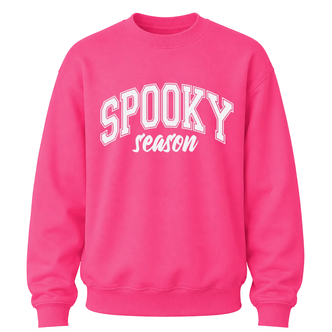 Bright heliconia pink Spooky Season Halloween sweatshirt with white varsity graphic for bold seasonal style