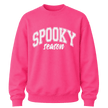 Bright heliconia pink Spooky Season Halloween sweatshirt with white varsity graphic for bold seasonal style