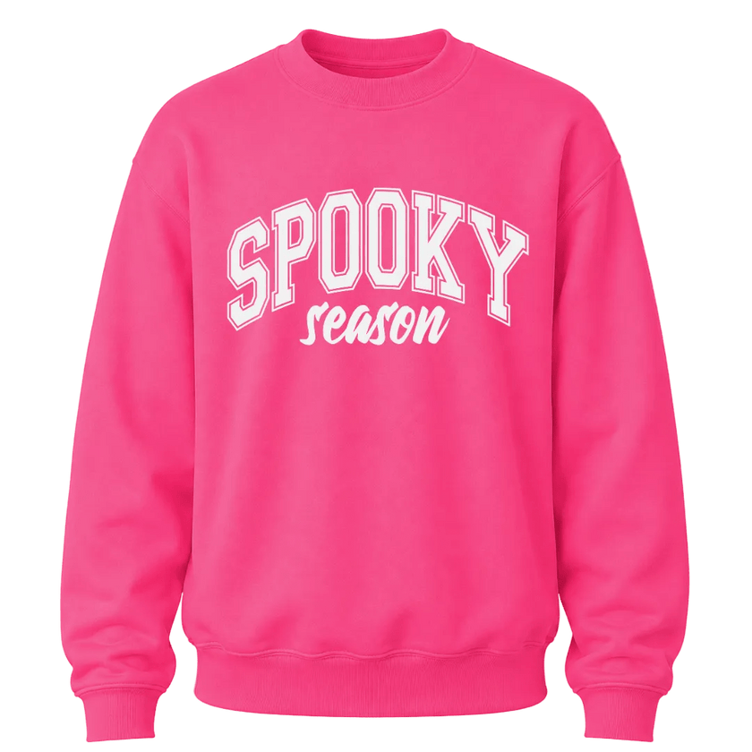 Bright heliconia pink Spooky Season Halloween sweatshirt with white varsity graphic for bold seasonal style