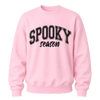 Light pink Spooky Season crewneck sweatshirt featuring black collegiate Halloween lettering for women and fall outfits