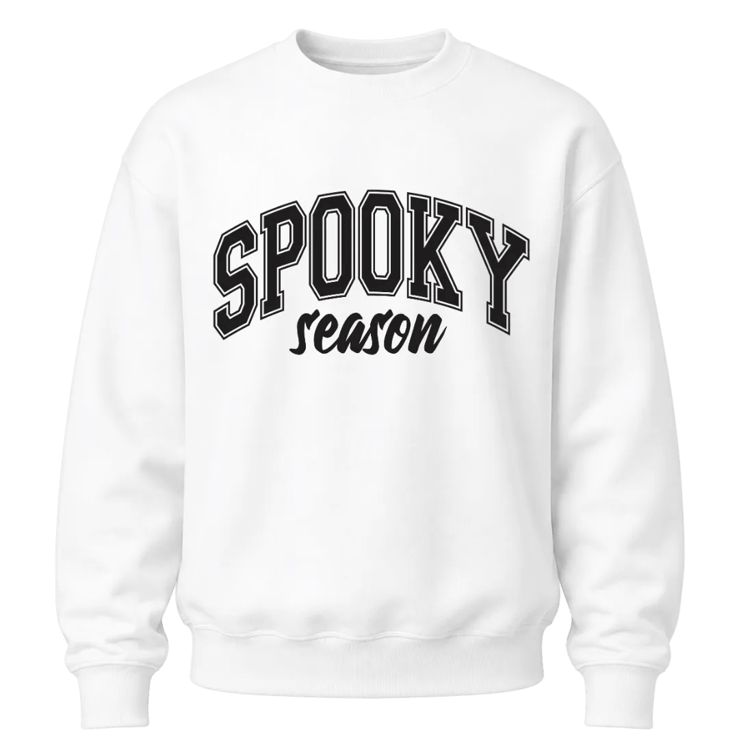 White Spooky Season crewneck sweatshirt with bold black Halloween graphic for women, men and fall season outfits