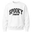 White Spooky Season crewneck sweatshirt with bold black Halloween graphic for women, men and fall season outfits