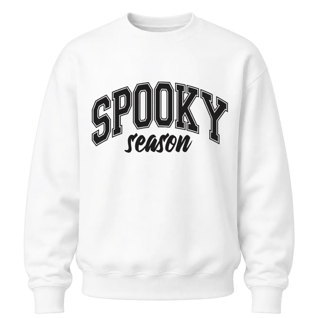 White Spooky Season crewneck sweatshirt with bold black Halloween graphic for women, men and fall season outfits