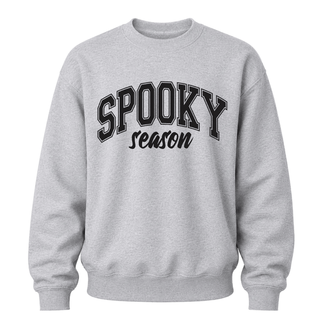 Sports grey Spooky Season graphic sweatshirt with black lettering designed for casual Halloween and autumn wear