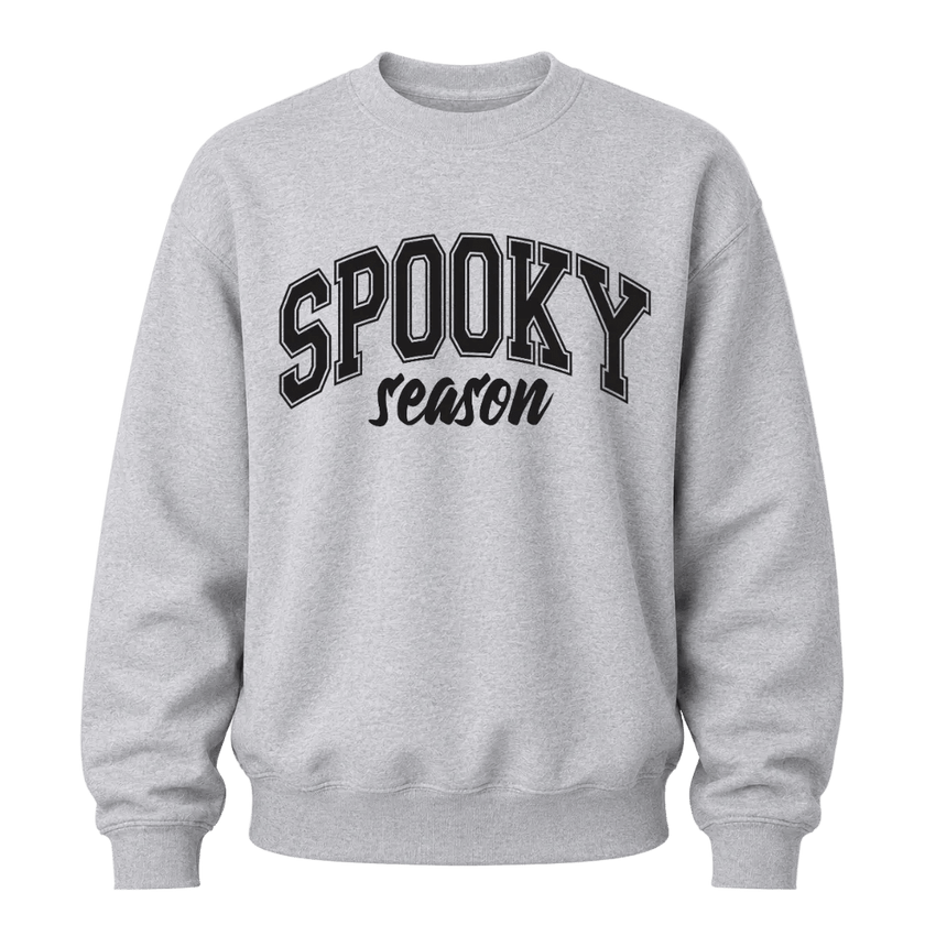 Sports grey Spooky Season graphic sweatshirt with black lettering designed for casual Halloween and autumn wear