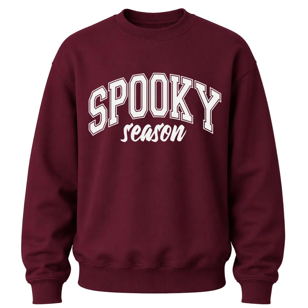 Garnet Spooky Season crewneck sweatshirt featuring white Halloween lettering for pumpkin patch and fall outfits