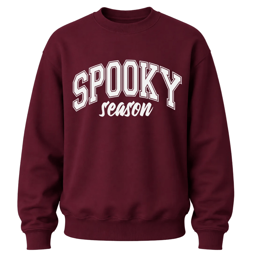 Garnet Spooky Season crewneck sweatshirt featuring white Halloween lettering for pumpkin patch and fall outfits