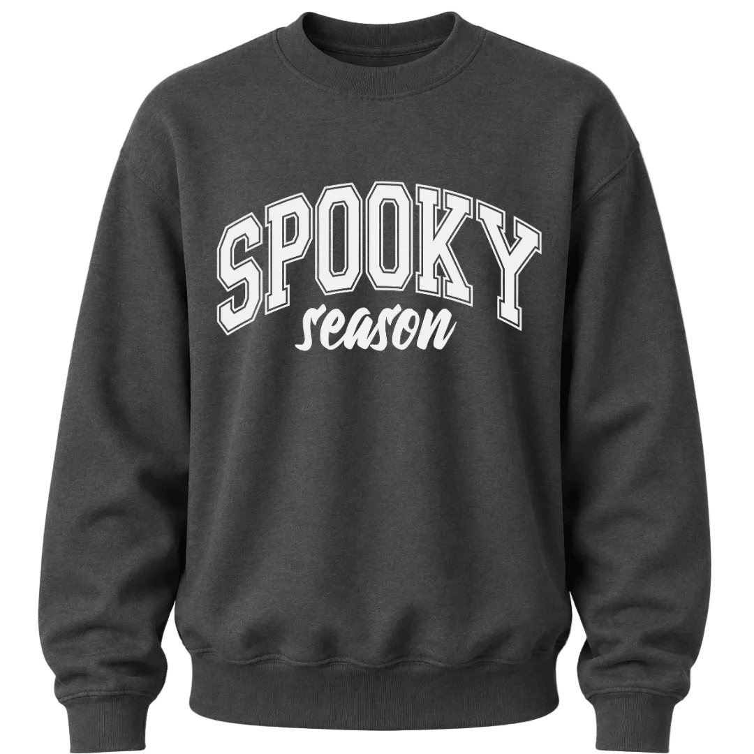 Dark heather Spooky Season Halloween crewneck with contrasting graphic lettering for men and women