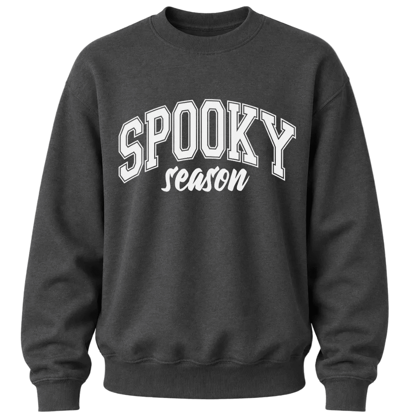 Dark heather Spooky Season Halloween crewneck with contrasting graphic lettering for men and women