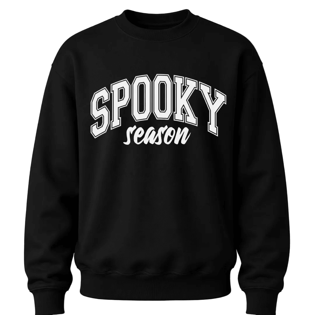 Black Spooky Season Halloween sweatshirt featuring white varsity lettering for cozy fall and October outfits