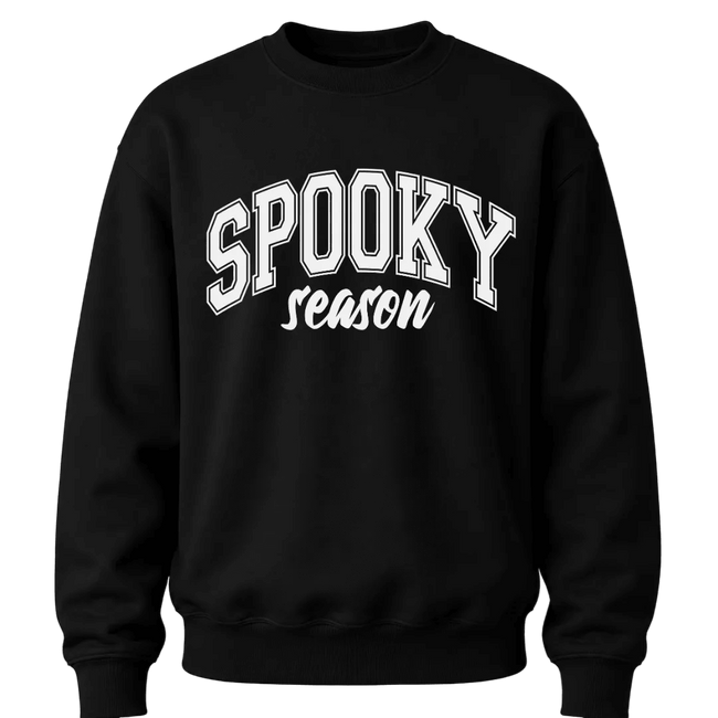 Black Spooky Season Halloween sweatshirt featuring white varsity lettering for cozy fall and October outfits