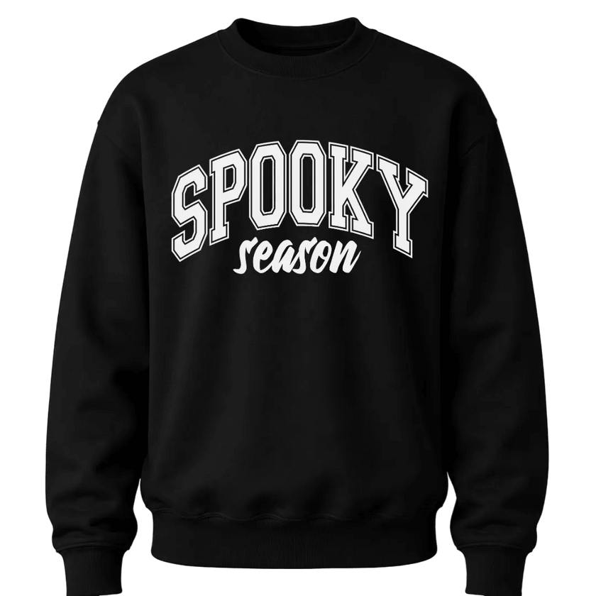 Black Spooky Season Halloween sweatshirt featuring white varsity lettering for cozy fall and October outfits