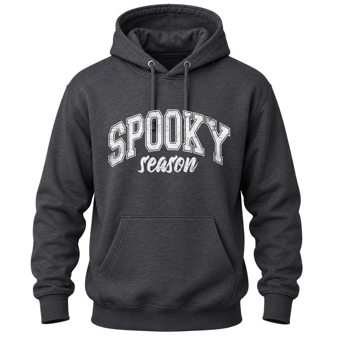 Dark heather grey Spooky Season hoodie for men and women featuring a vintage inspired Halloween graphic