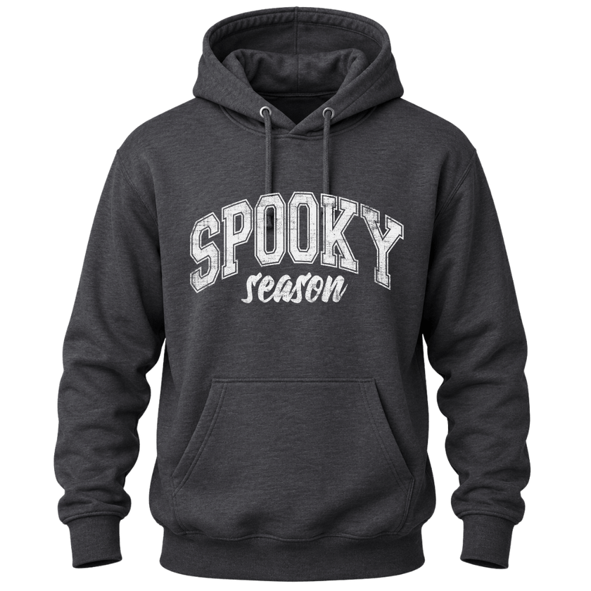 Dark heather grey Spooky Season hoodie for men and women featuring a vintage inspired Halloween graphic