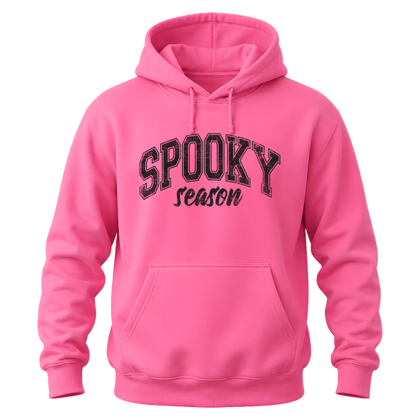 Azalea pink Spooky Season Halloween pullover hoodie with bold black seasonal graphic