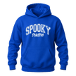 Royal blue Halloween hoodie featuring white Spooky Season graphic in distressed collegiate style