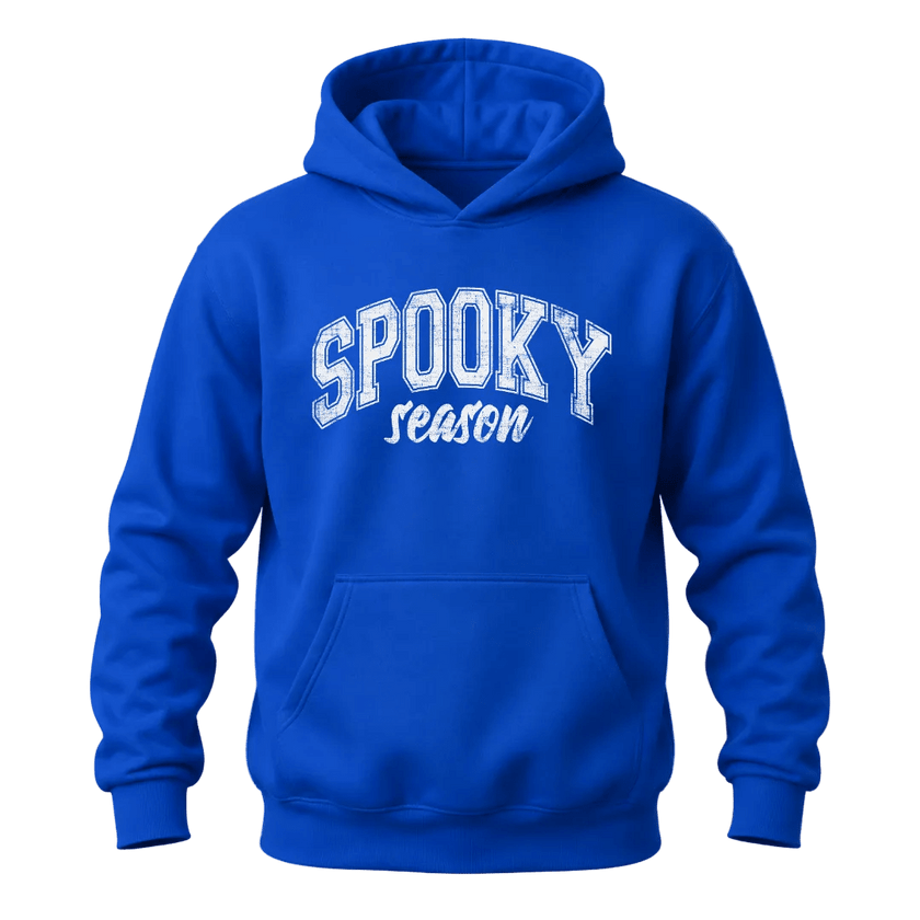 Royal blue Halloween hoodie featuring white Spooky Season graphic in distressed collegiate style