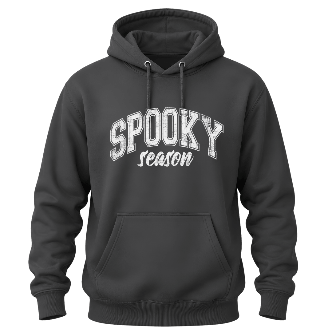 Charcoal grey unisex Spooky Season Halloween hoodie with white vintage style seasonal lettering