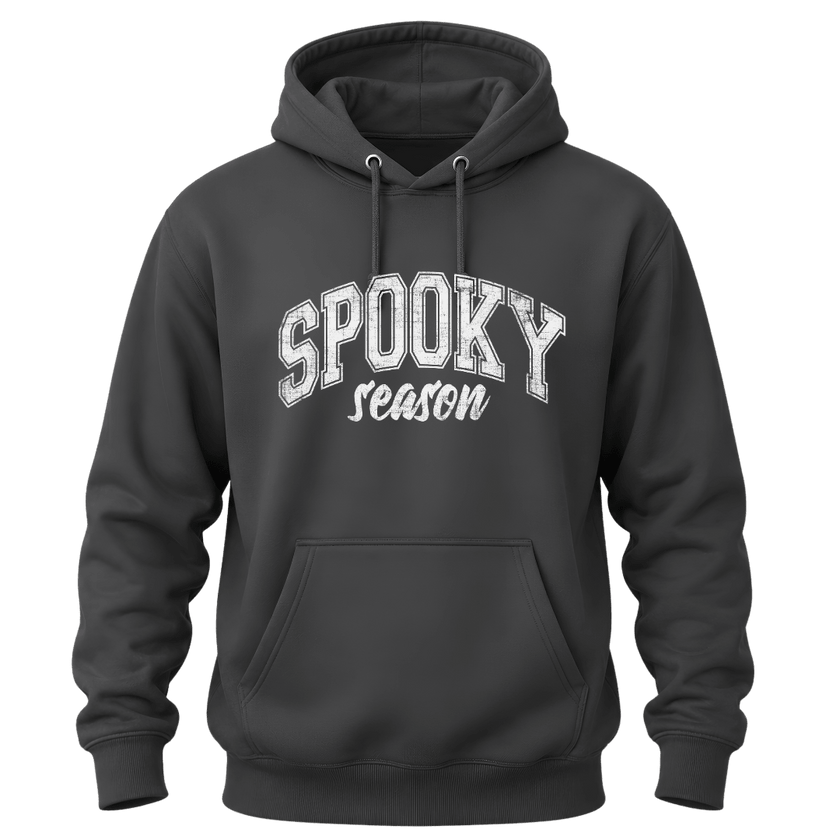 Charcoal grey unisex Spooky Season Halloween hoodie with white vintage style seasonal lettering