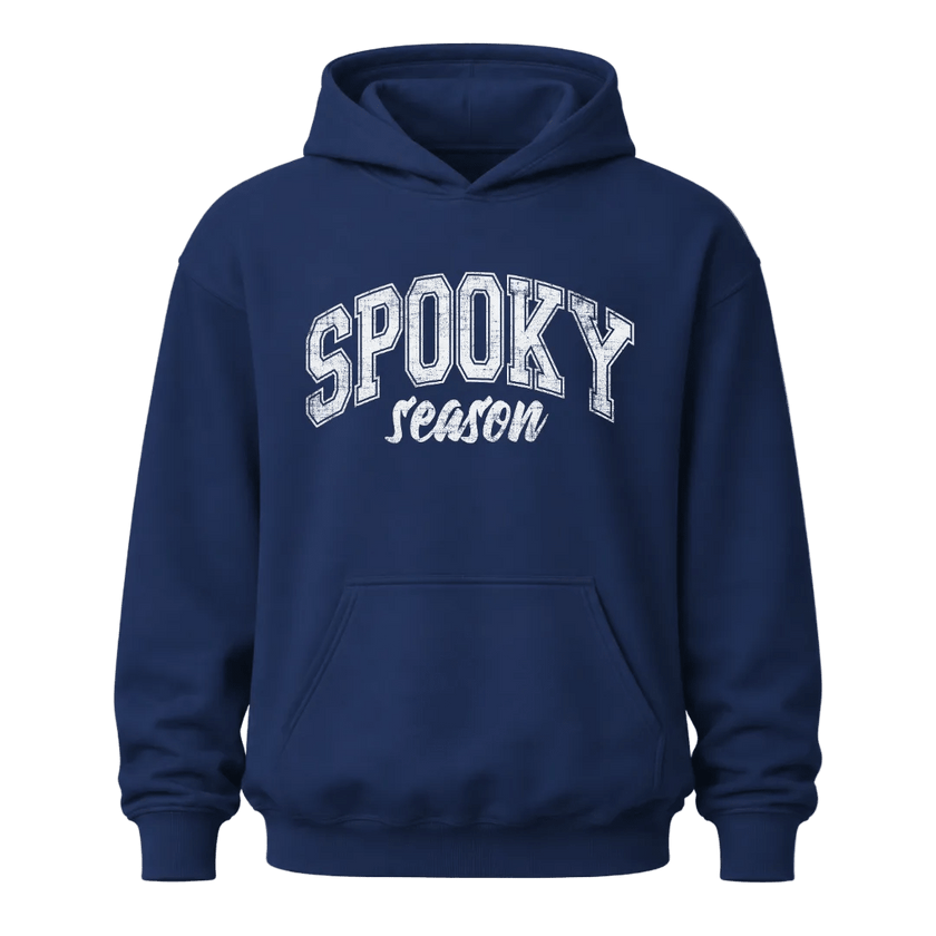 Navy Spooky Season Halloween hoodie with white distressed lettering for men and women