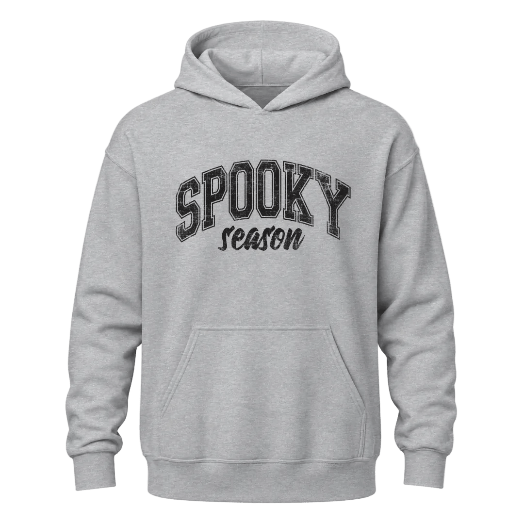 Sport grey unisex Halloween hoodie with black Spooky Season graphic for casual fall and October outfits