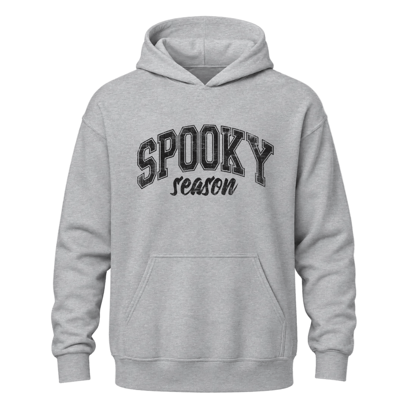 Sport grey unisex Halloween hoodie with black Spooky Season graphic for casual fall and October outfits