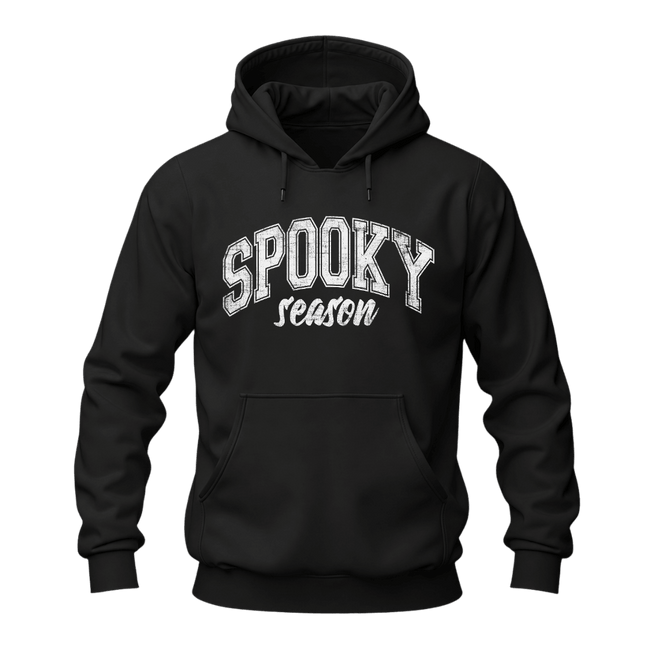 Black Spooky Season Halloween hoodie with white distressed lettering and casual unisex styling