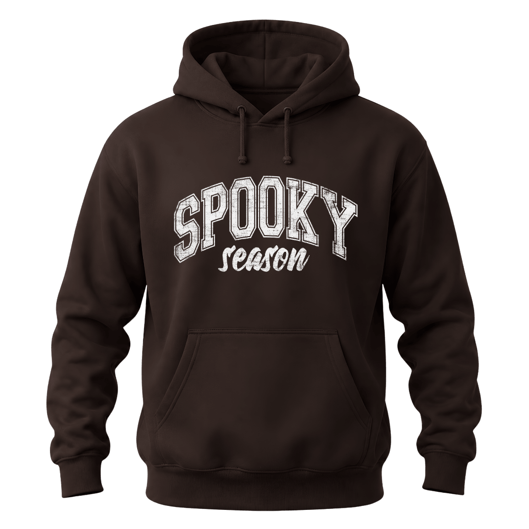 Dark brown Spooky Season hoodie with white Halloween graphic for autumn casual wear