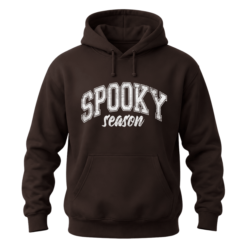 Dark brown Spooky Season hoodie with white Halloween graphic for autumn casual wear