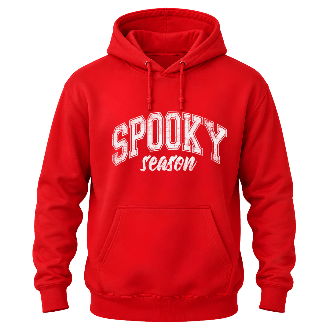 Red Spooky Season pullover hoodie with white Halloween lettering and classic kangaroo pocket