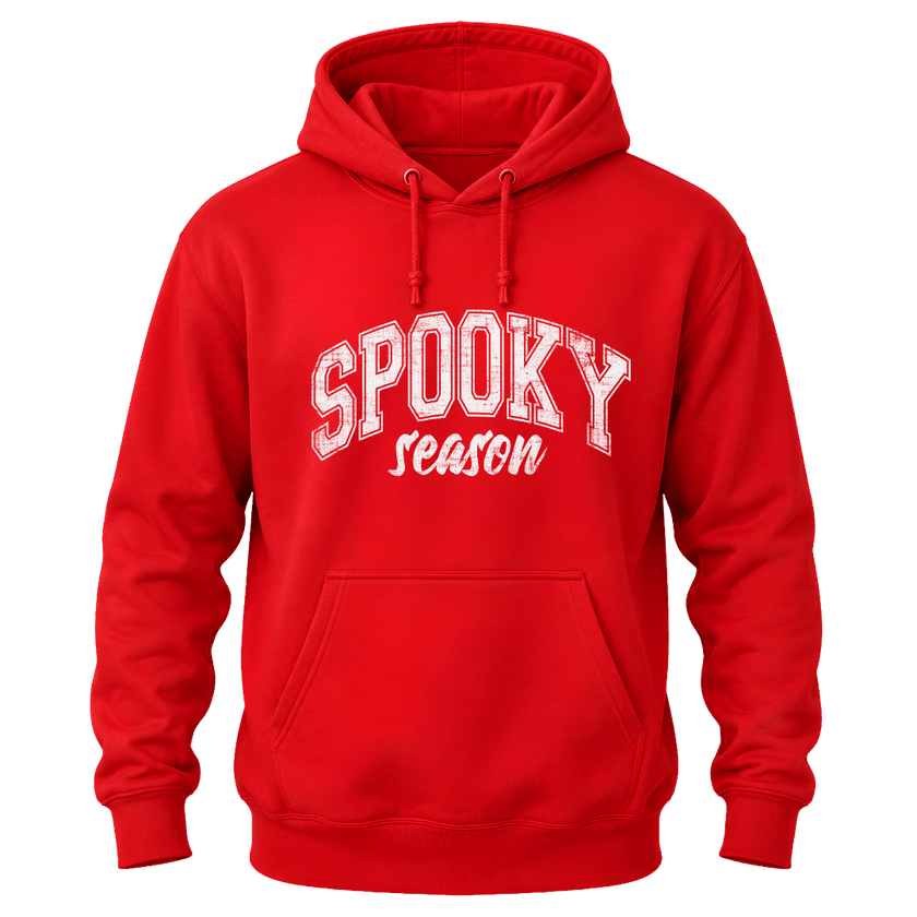 Red Spooky Season pullover hoodie with white Halloween lettering and classic kangaroo pocket